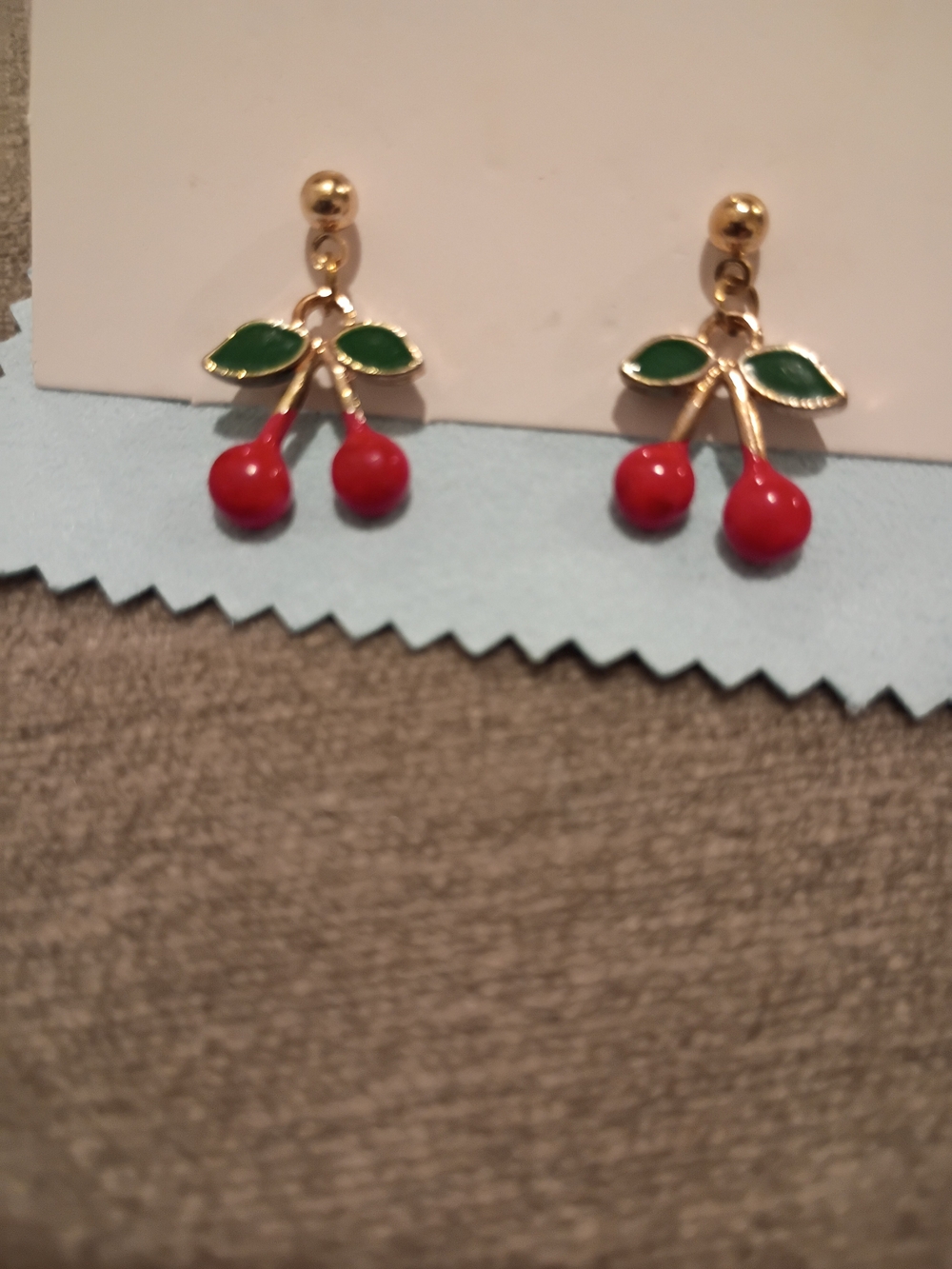 Gold Cherry Drop Earrings with Green Leaves - Women Jewelry